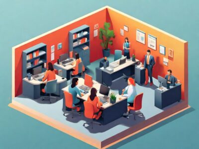 isometric simple illustration of people in an office