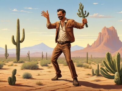 Illustration for advertisement of a man dancing with cactus in the deserted land